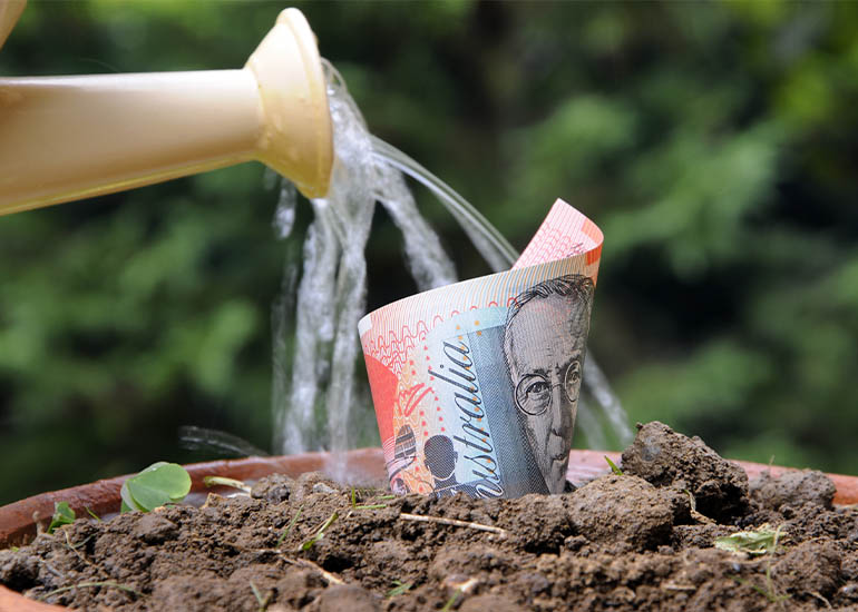 Watering can pouring water on $20 bill sticking out of the earth