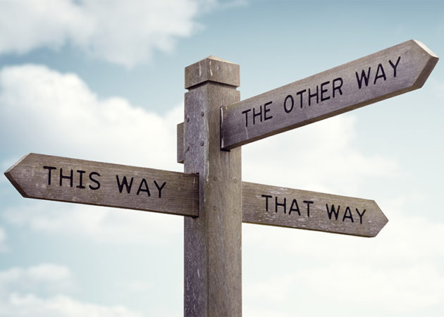 Signpost with 'this way', 'that way' and 'the other way' on the signs