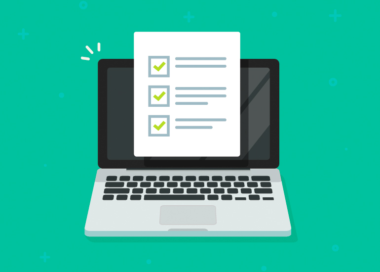 Quiz or questionnaire on cartoon laptop with green background