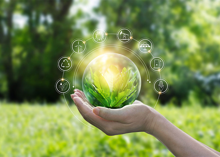 Hand holding green glass sphere with plant inside