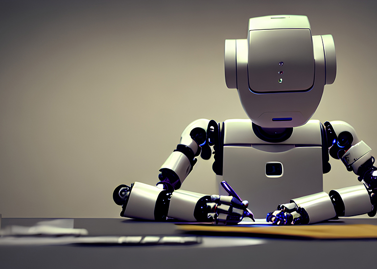 Robot writing at a desk
