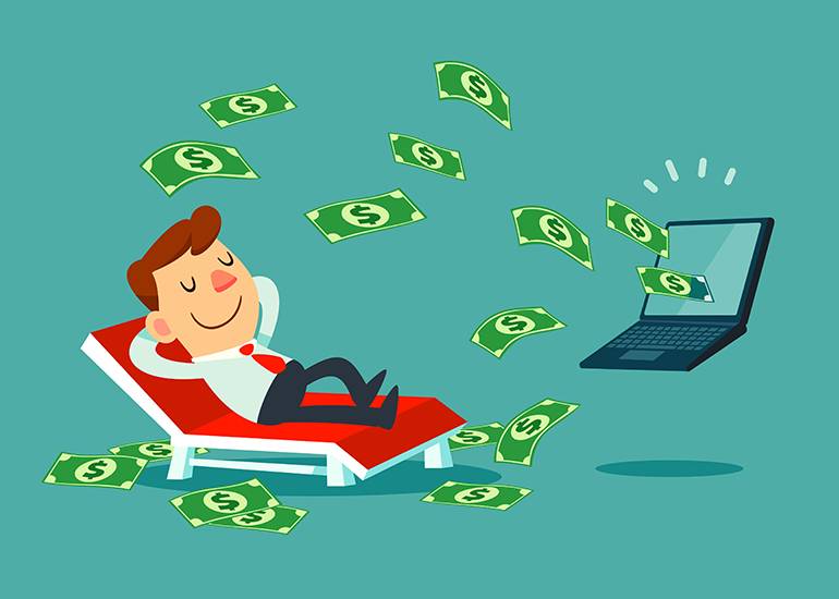 Cartoon depicting businessman relaxing on beach chair while money comes out of his laptop screen