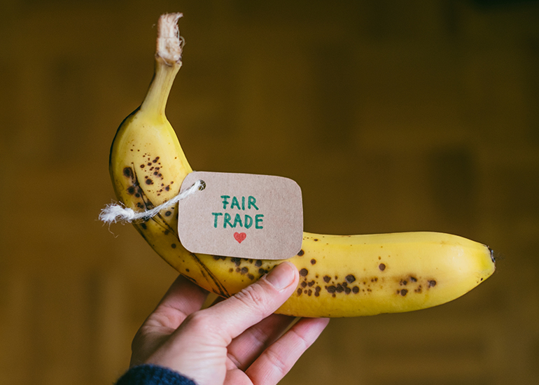 Hand holding banana with fair trade tag