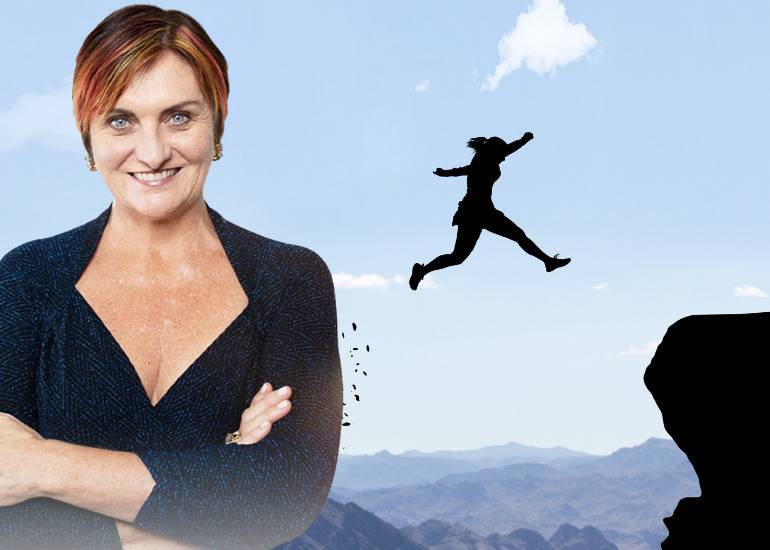 Simone Milasas inset on background of person jumping from cliff to cliff
