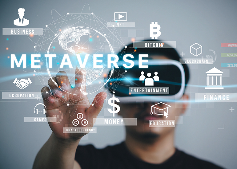 Man wearing VR headset with metaverse graphic on screen