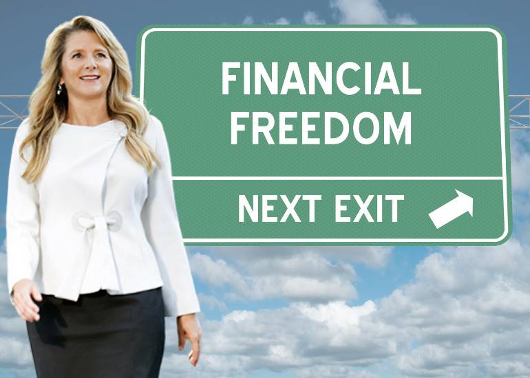Helen Baker inset on background with sign reading: financial freedom next exit