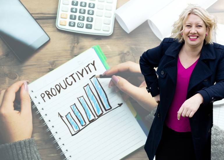 Liz Fleming inset on background showing hand drawn productivity graph