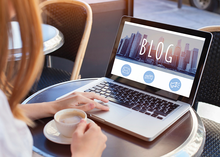woman reading or writing blog online on computer