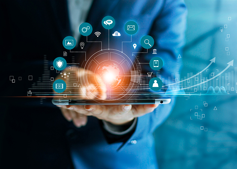 Businessman using tablet analyzing sales data and economic growth graph chart