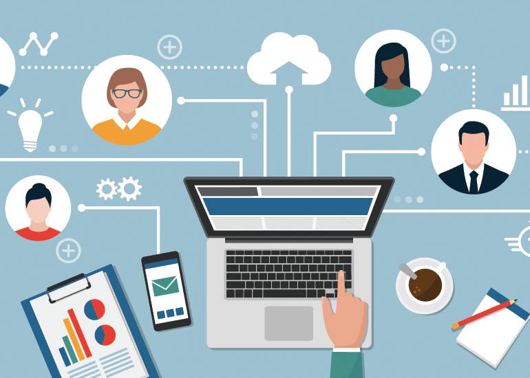Graphic depicting hybrid working, outsourcing and online freelancing