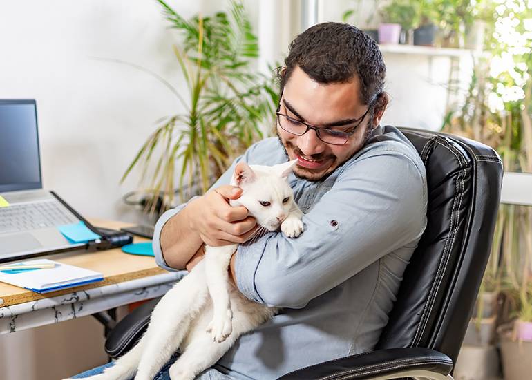 Man cuddling cat at desk