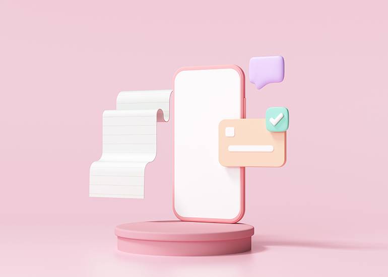 einvoice payment option smart phone and credit card 3d render illustration
