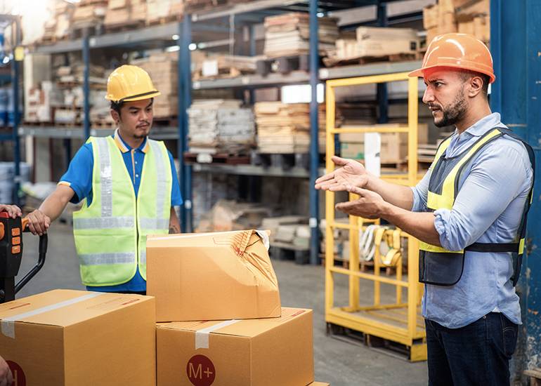 angry boss or manager in warehouse