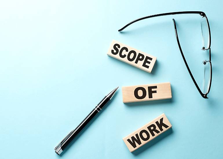 Scope of work blocks, glasses and pen