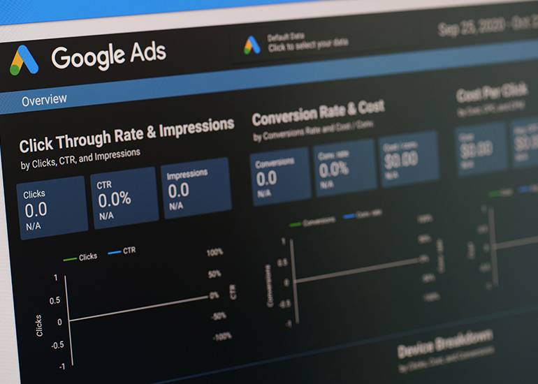 Computer screen showing Google ads clickthrough rates and conversions