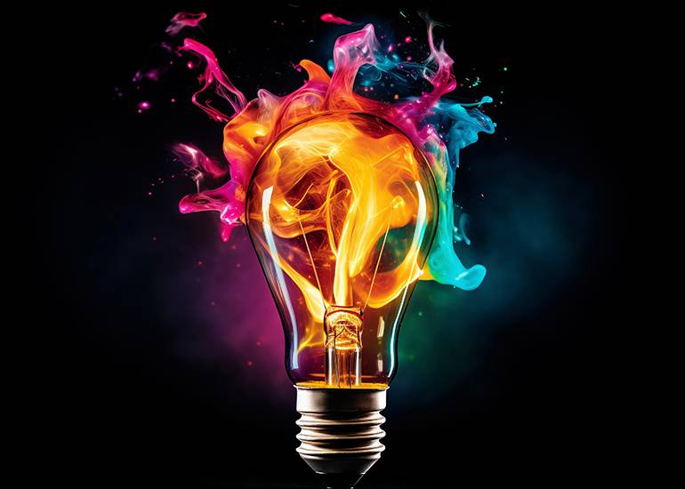 creative energy concept A lightbulb with sparks in multi colours set against a black background.
