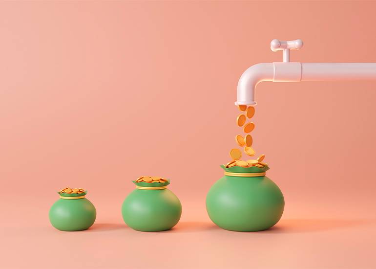 revenue streams: a tap pours coins into a green jar