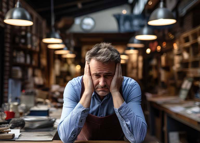 business issues federal budget: a business owner holds his head in his hands looking worried.
