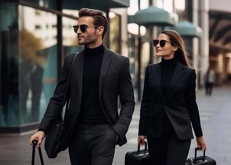 Business man and business woman wearing black suit walking together with luggage on the street. Business travel and partnership concept