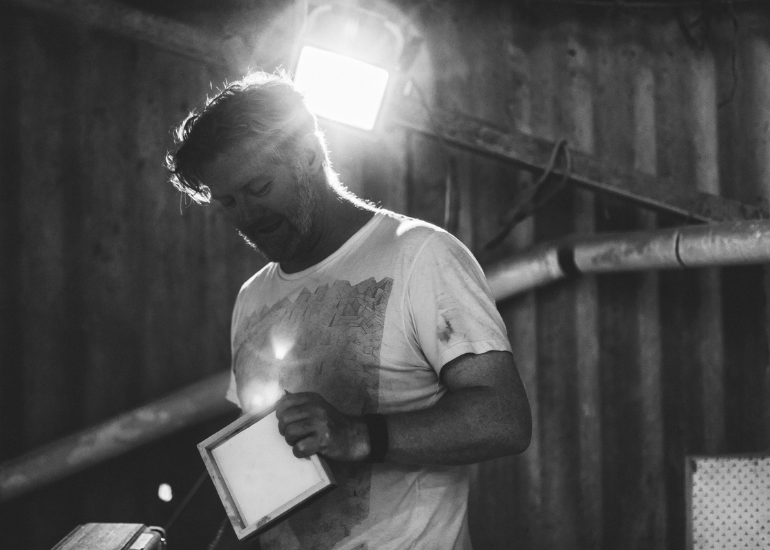 black and white photo of stone and timber picture framer Nick Mgrath