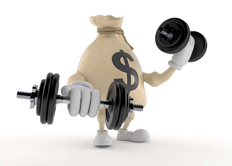 Money bag lifting weights- money fitness, financial fitness concept