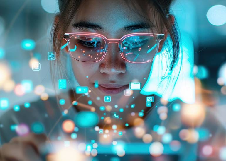 Girl of asian appearance wearing glasses looks at glowing data points symbolising customer data obsession