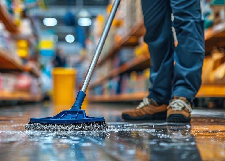 Shop worker mopping floor