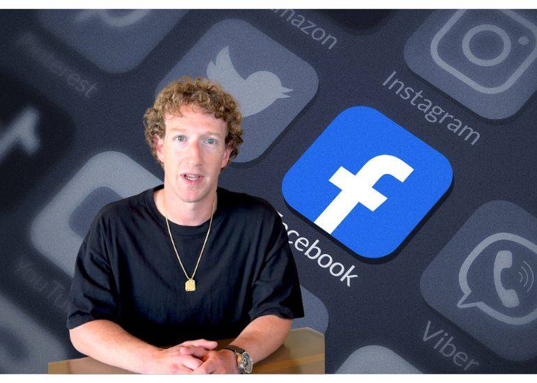 Mark Zuckerberg CEO of Meta i front of a facebook icon