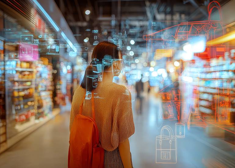 woman in shopping center - head surrounded by marketing icons.