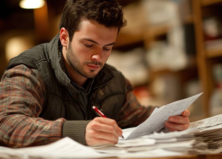 small busines sowner looking at paperwork devising infrastructure system